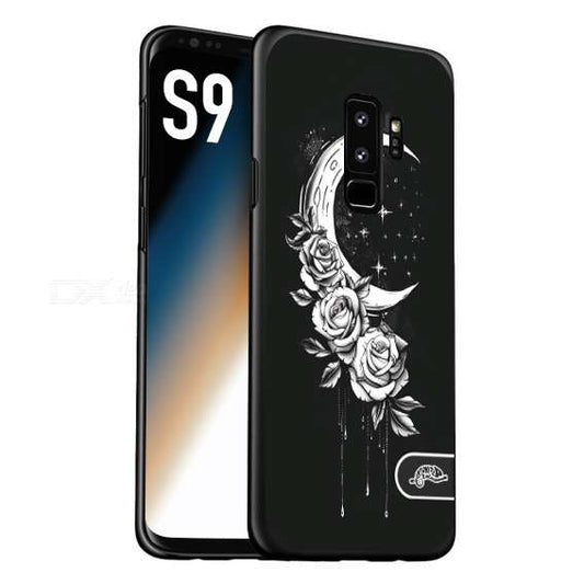 CUSTOMIZZA - Custodia cover nera morbida in tpu compatibile per Samsung S9 luna e fiori moon flowers black and white bianco a rilievo disegnato tattoo tatuaggio