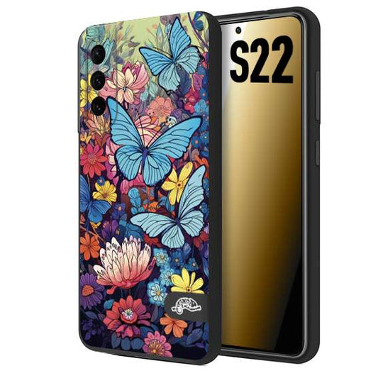 CUSTOMIZZA - Custodia cover nera morbida in tpu compatibile per Samsung S22 farfalle butterfly moderno donna disegnate gialla blu rosa