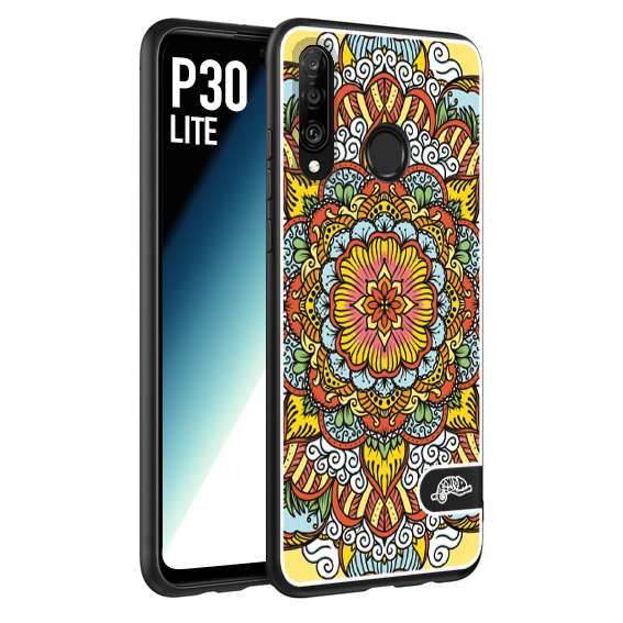 CUSTOMIZZA - Custodia cover nera morbida in tpu compatibile per Huawei P30 LITE mandala colorato fiore nuvole arancione