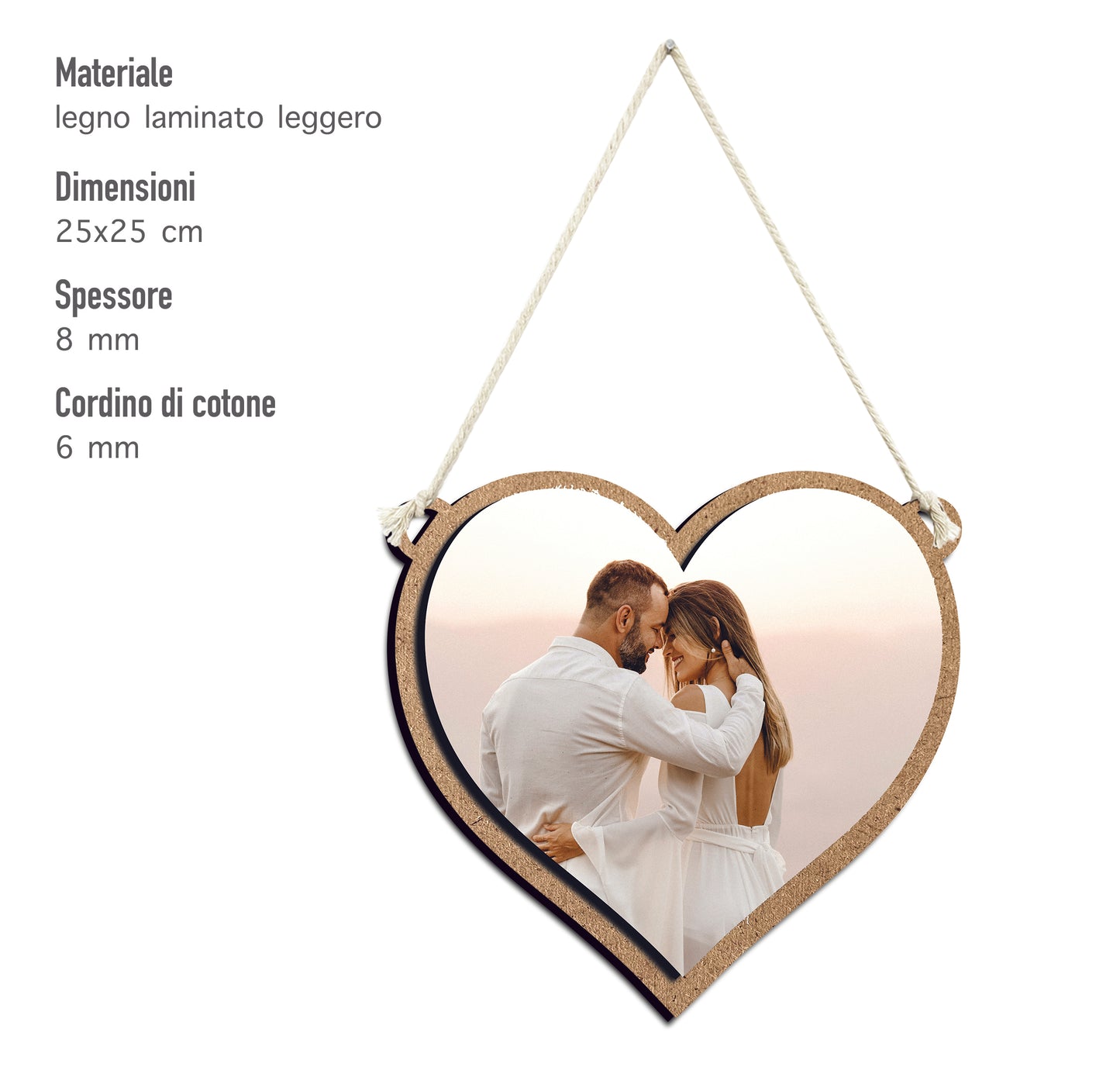 CUSTOMIZZA - Idea Regalo San Valentino quadro in legno Personalizzato con la tua Foto con cordino in cotone da 0,6 mm cuore