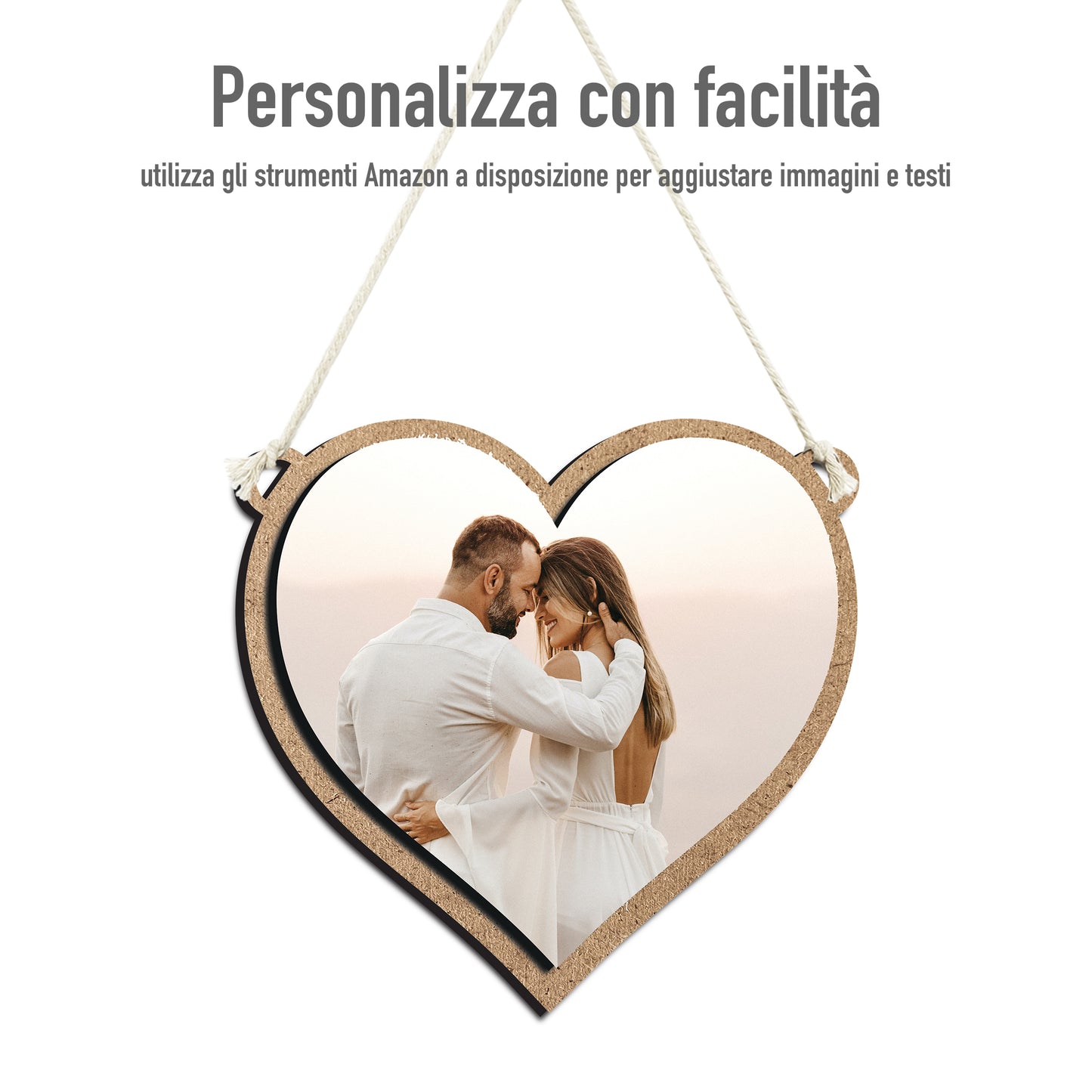 CUSTOMIZZA - Idea Regalo San Valentino quadro in legno Personalizzato con la tua Foto con cordino in cotone da 0,6 mm cuore