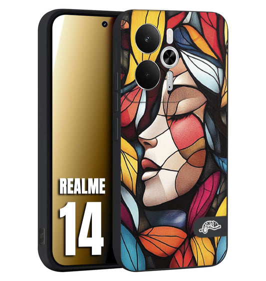 CUSTOMIZZA - Custodia cover nera morbida in tpu compatibile per Realme 14 5G Vetrata artistica volto di donna profilo fogliare mosaico di vetro colorato