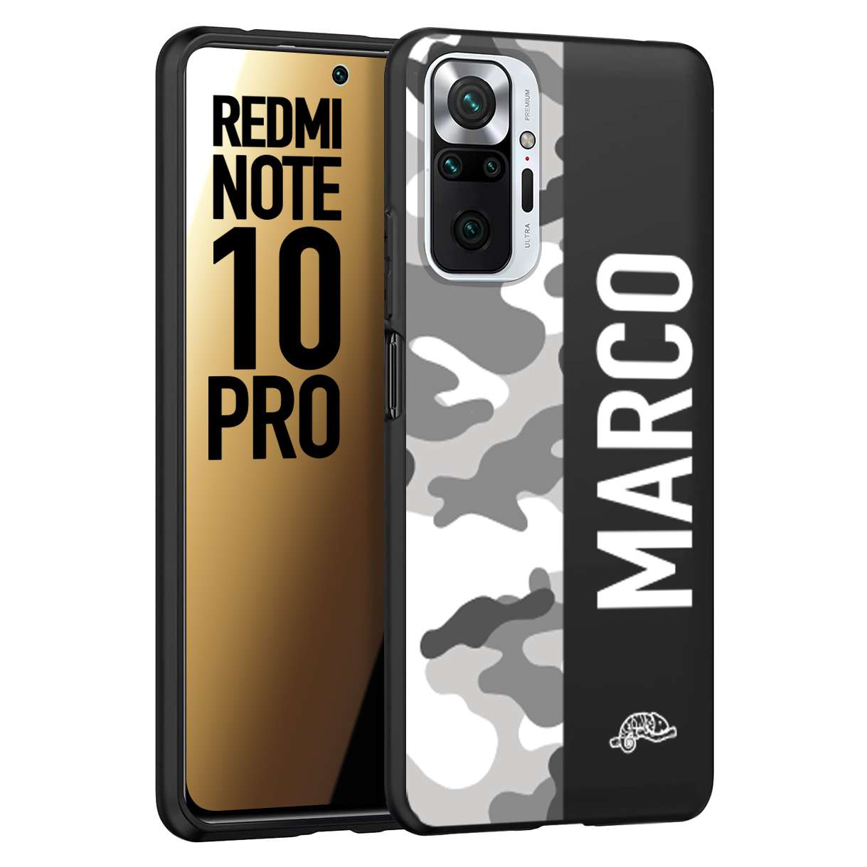 CUSTOMIZZA - Custodia cover nera morbida in tpu compatibile per Xiaomi Redmi Note 10 PRO camouflage mimetico militare personalizzata nome bianco