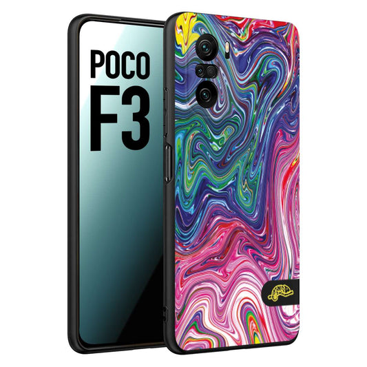 CUSTOMIZZA - Custodia cover nera morbida in tpu compatibile per Xiaomi Poco F3 colorata fantasia vortice marmo arcobaleno rosa blu fucsia