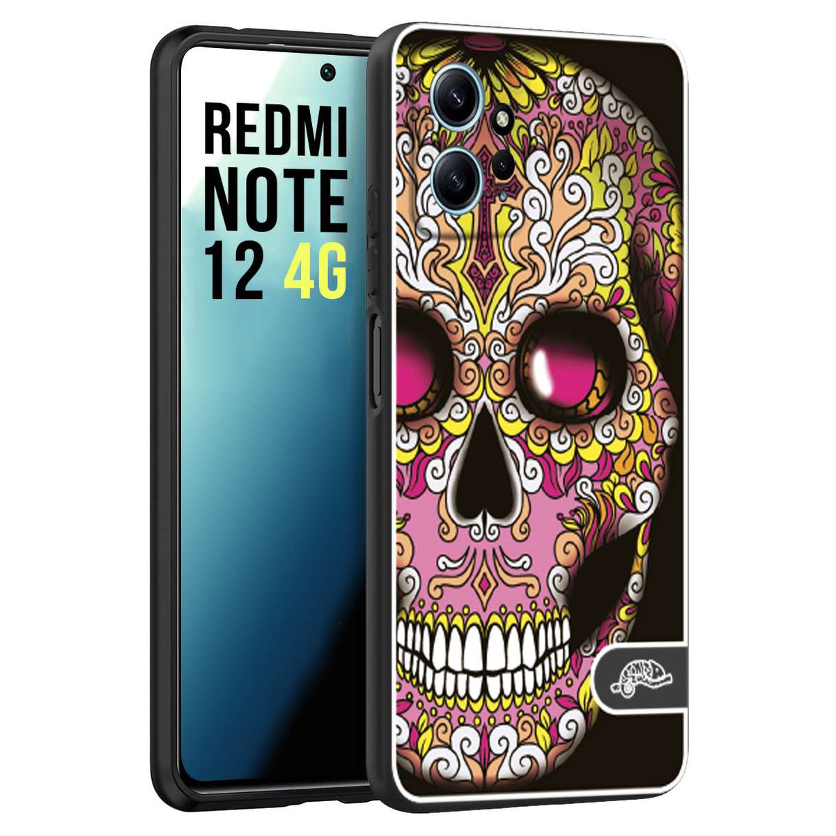 CUSTOMIZZA - Custodia cover nera morbida in tpu compatibile per Xiaomi Redmi Note 12 4G teschio messicano Mexican skull rosa gialla