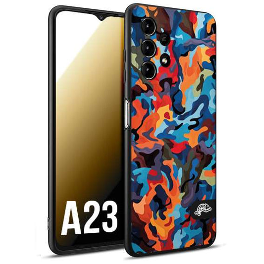 CUSTOMIZZA - Custodia cover nera morbida in tpu compatibile per Samsung A23 camouflage mimetico militare moderno blu arancio rosso