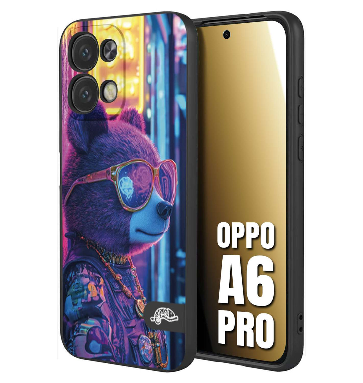 CUSTOMIZZA - Custodia cover nera morbida in tpu compatibile per Oppo A6 PRO animali cyberpunk orsetto orso street bear fucsia blu night