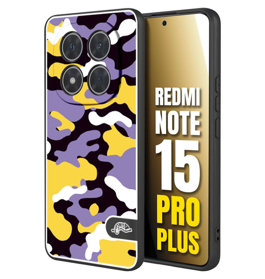CUSTOMIZZA - Custodia cover nera morbida in tpu compatibile per Xiaomi Redmi Note 15 PRO PLUS camouflage mimetico militare viola lilla giallo