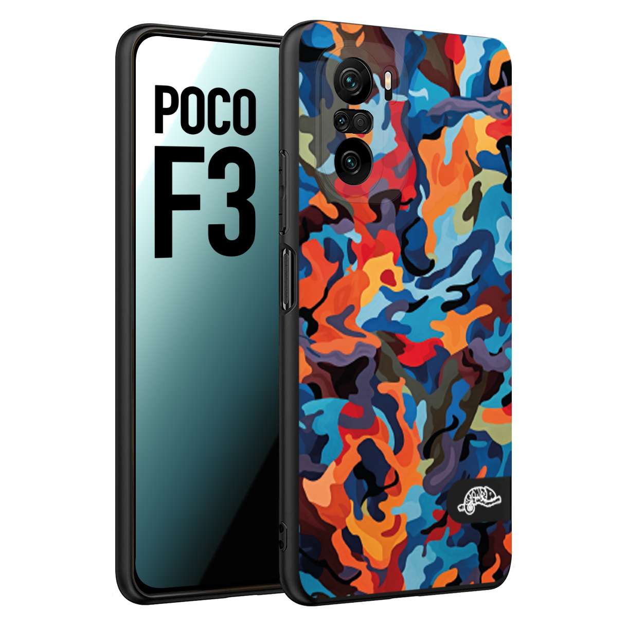 CUSTOMIZZA - Custodia cover nera morbida in tpu compatibile per Xiaomi Poco F3 camouflage mimetico militare moderno blu arancio rosso