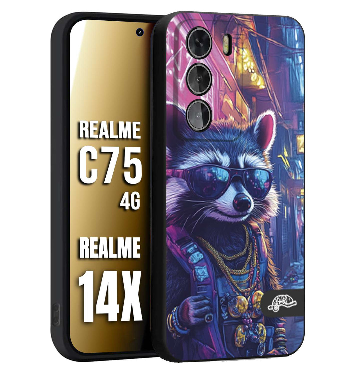 CUSTOMIZZA - Custodia cover nera morbida in tpu compatibile per Realme 14X - C75 4G animali simpatici cyberpunk procione racoon street cat fucsia blu giallo