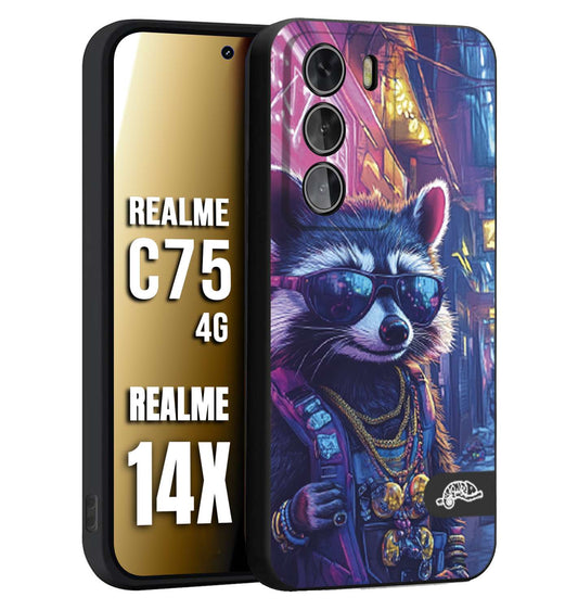 CUSTOMIZZA - Custodia cover nera morbida in tpu compatibile per Realme 14X - C75 4G animali simpatici cyberpunk procione racoon street cat fucsia blu giallo