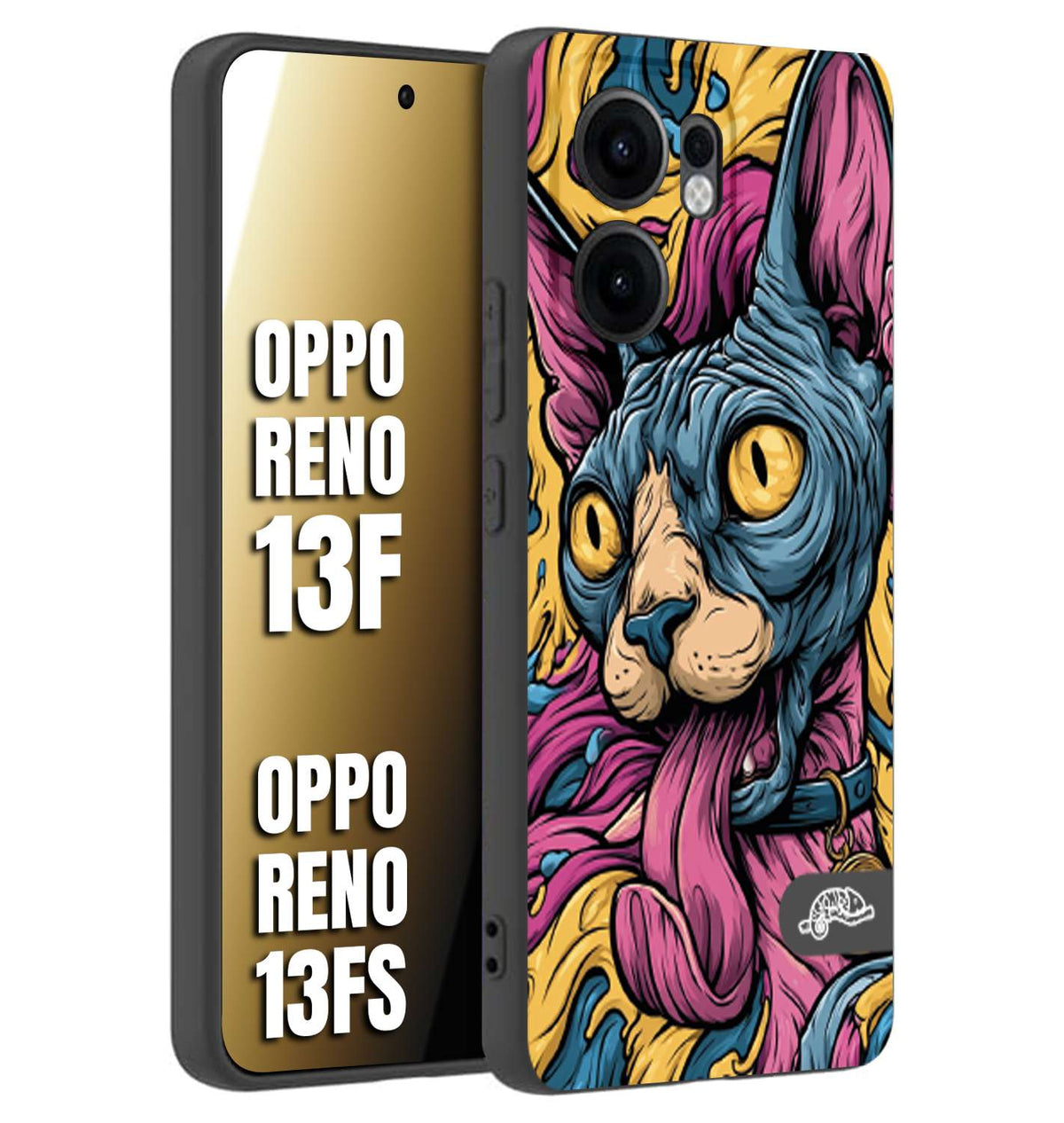 CUSTOMIZZA - Custodia cover nera morbida in tpu compatibile per Oppo Reno 13 F Sphynx Colorato Pop Art Psichedelico Gatto Blu Rosa Giallo Artistica Fantasy