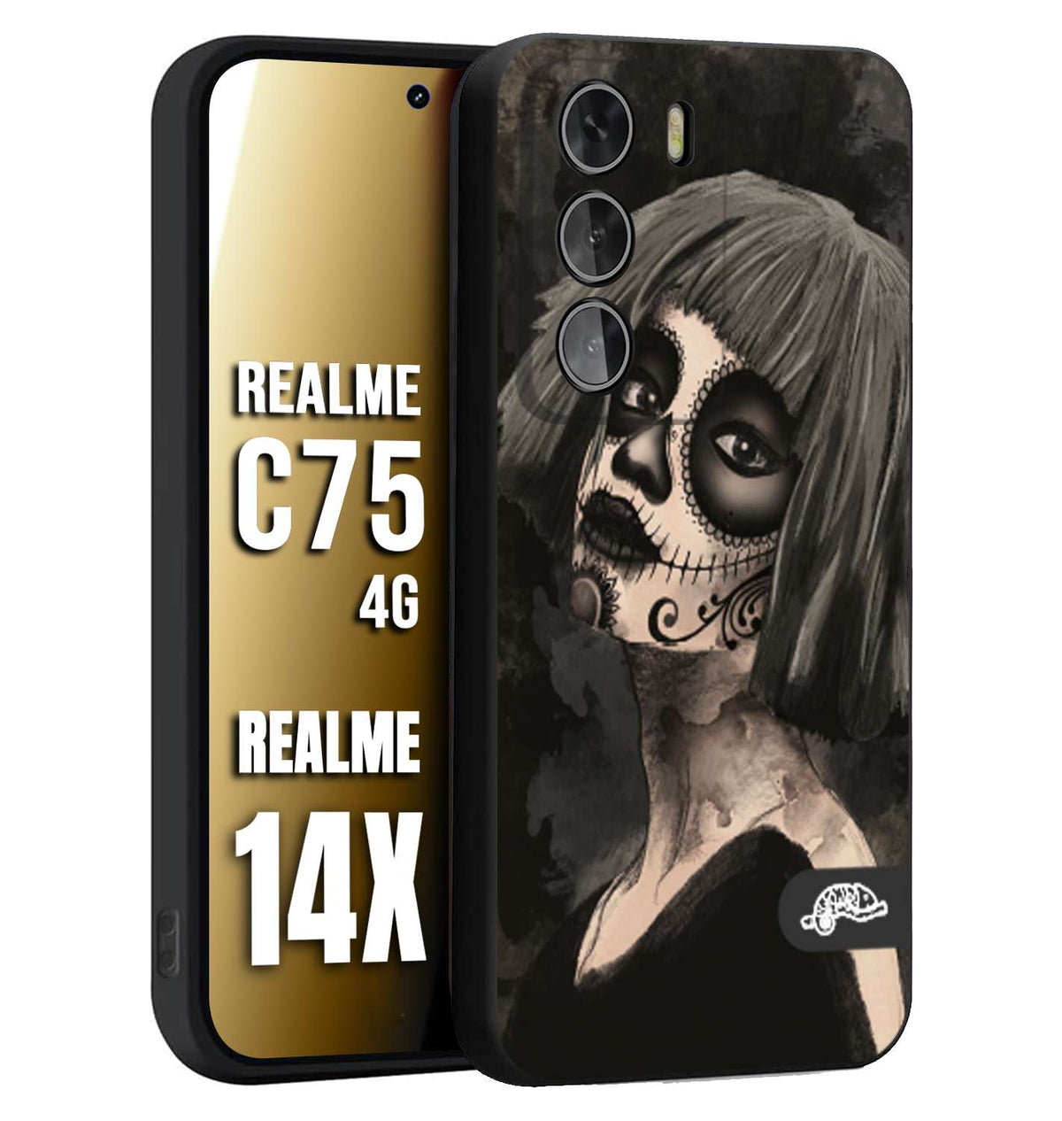 CUSTOMIZZA - Custodia cover nera morbida in tpu compatibile per Realme 14X - C75 4G chicana messicana dea de la muerte donna santa tattoo disegnata