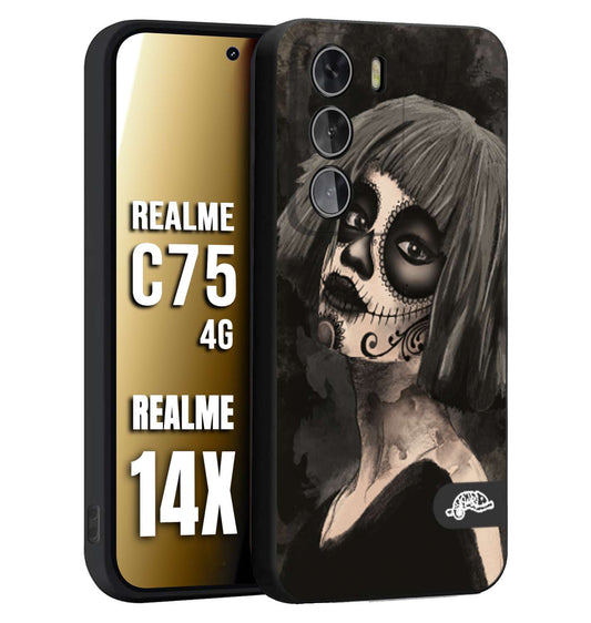 CUSTOMIZZA - Custodia cover nera morbida in tpu compatibile per Realme 14X - C75 4G chicana messicana dea de la muerte donna santa tattoo disegnata