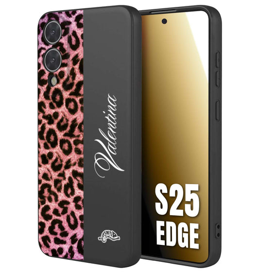 CUSTOMIZZA - Custodia cover nera morbida in tpu compatibile per Samsung S25 EDGE leopardato rosa fucsia personalizzata nome iniziali