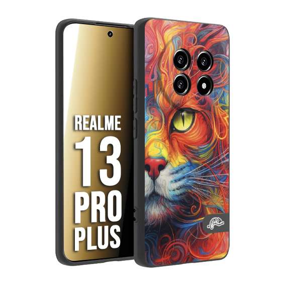 CUSTOMIZZA - Custodia cover nera morbida in tpu compatibile per Realme 13 PRO PLUS animali color cat gatto viso colori vibranti disegnato schizzo