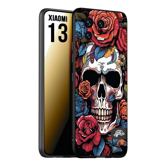 CUSTOMIZZA - Custodia cover nera morbida in tpu compatibile per Xiaomi 13 teschio skull flowers fiori rose rosse tattoo disegnato