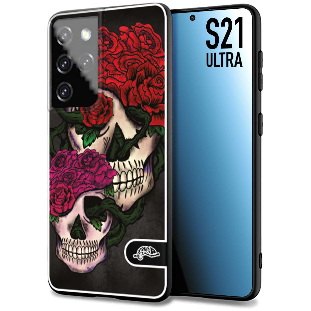 CUSTOMIZZA - Custodia cover nera morbida in tpu compatibile per Samsung S21 ULTRA teschi e rose rosse fucsia skull and roses