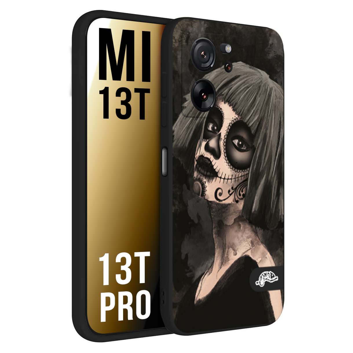 CUSTOMIZZA - Custodia cover nera morbida in tpu compatibile per Xiaomi 13T - 13T PRO chicana messicana dea de la muerte donna santa tattoo disegnata