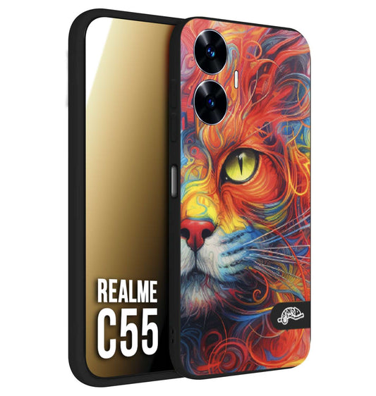 CUSTOMIZZA - Custodia cover nera morbida in tpu compatibile per Realme C55 animali color cat gatto viso colori vibranti disegnato schizzo