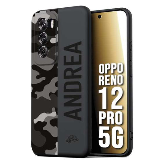CUSTOMIZZA - Custodia cover nera morbida in tpu compatibile per Oppo Reno 12 PRO 5G camouflage mimetico militare personalizzata nome