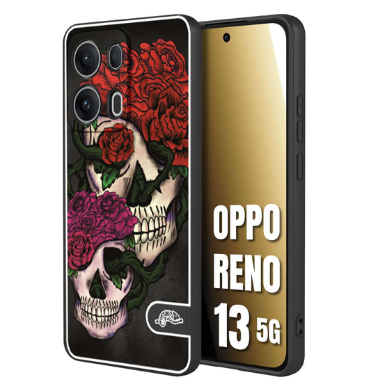 CUSTOMIZZA - Custodia cover nera morbida in tpu compatibile per Oppo Reno 13 5G teschi e rose rosse fucsia skull and roses