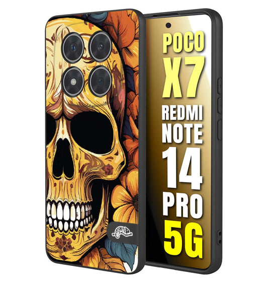 CUSTOMIZZA - Custodia cover nera morbida in tpu compatibile per Xiaomi Redmi Note 14 PRO 5G teschio messicano colorato dorato fiori autunnali disegnato