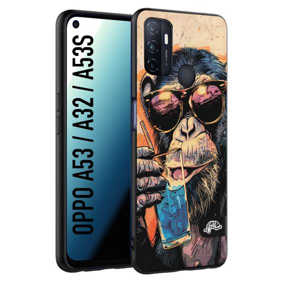 CUSTOMIZZA - Custodia cover nera morbida in tpu compatibile per Oppo A53 - A32 - A53S estate disegnata cocktails animali simpatici scimmia monkey negroni