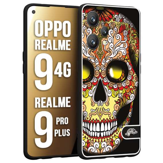 CUSTOMIZZA - Custodia cover nera morbida in tpu compatibile per Oppo Realme 9 4G - 9 PRO PLUS teschio messicano Mexican skull giallo rosso arancio