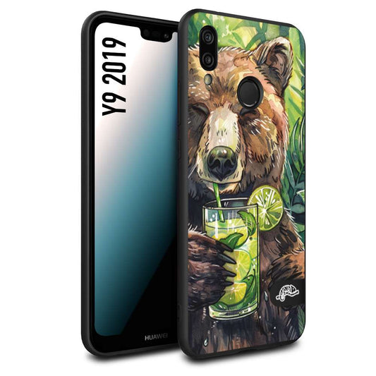 CUSTOMIZZA - Custodia cover nera morbida in tpu compatibile per Huawei Y9 2019 estate disegnata cocktails animali simpatici orso bear negroni