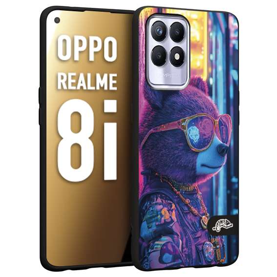 CUSTOMIZZA - Custodia cover nera morbida in tpu compatibile per Realme 8i animali cyberpunk orsetto orso street bear fucsia blu night