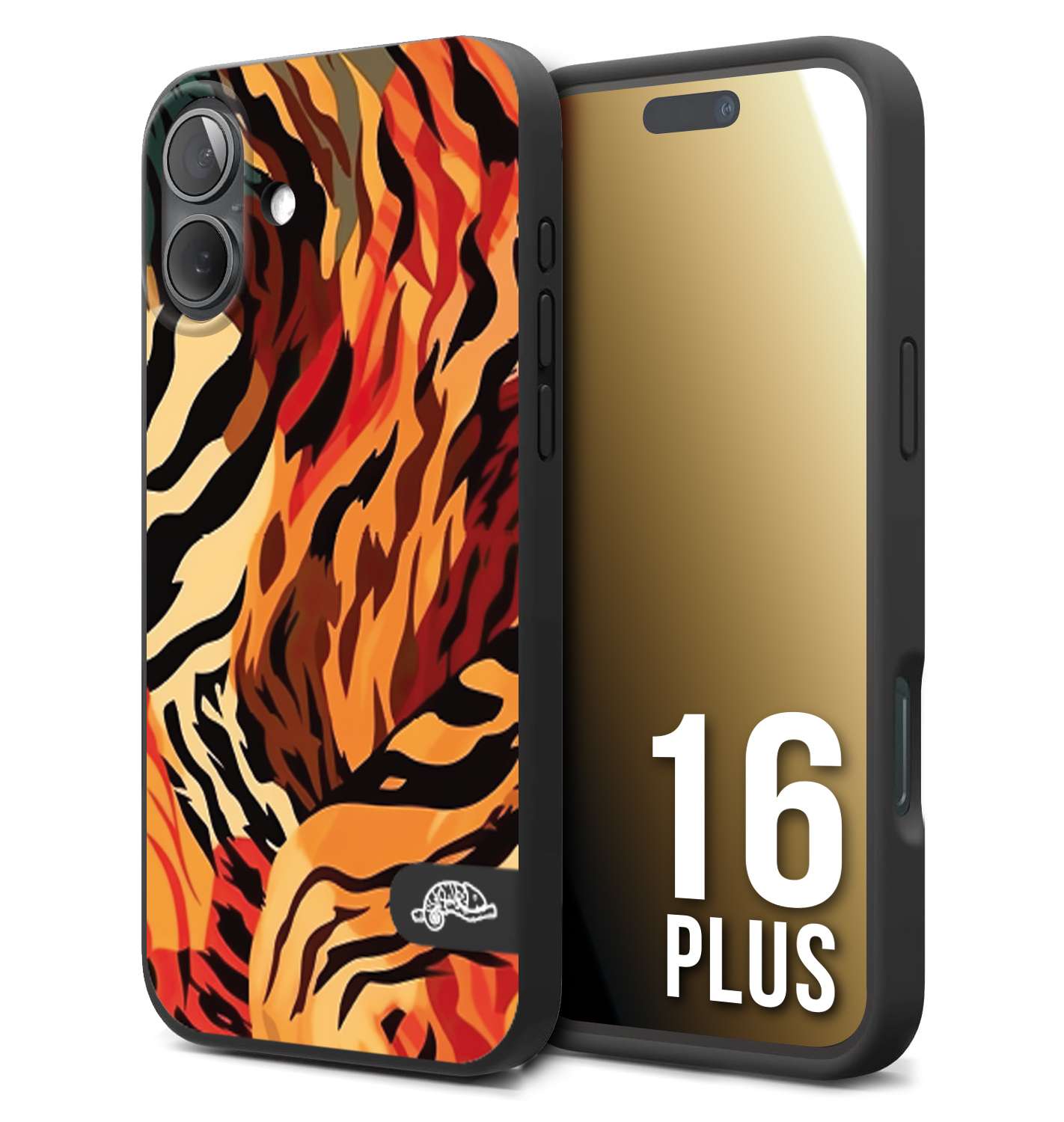 CUSTOMIZZA - Custodia cover nera morbida in tpu compatibile per iPhone 16 PLUS leopardato maculato tigrato tiger colorata gialla rossa arancio