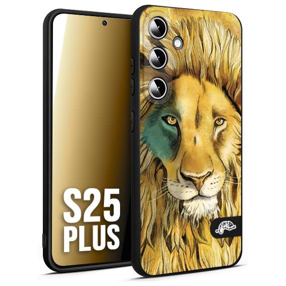 CUSTOMIZZA - Custodia cover nera morbida in tpu compatibile per Samsung S25 PLUS leone lion disegnato a mano giallo blu a rilievo artistico brown