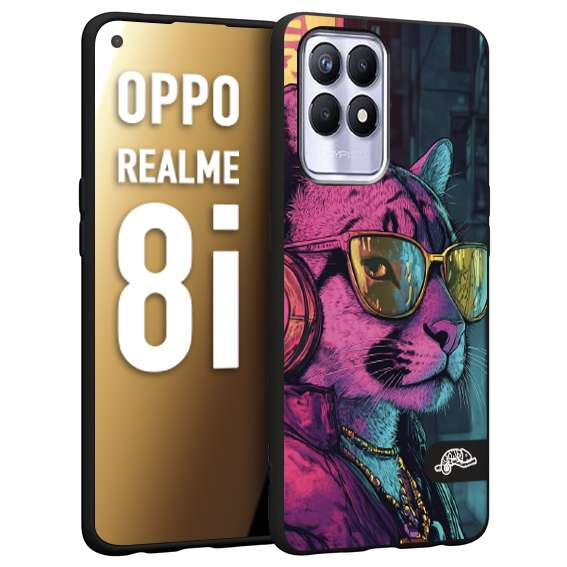 CUSTOMIZZA - Custodia cover nera morbida in tpu compatibile per Realme 8i animali cyberpunk pantera street cat fucsia blu giallo