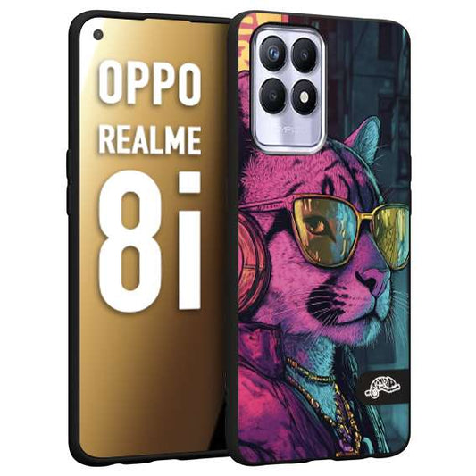 CUSTOMIZZA - Custodia cover nera morbida in tpu compatibile per Realme 8i animali cyberpunk pantera street cat fucsia blu giallo