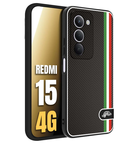 CUSTOMIZZA - Custodia cover nera morbida in tpu compatibile per Xiaomi Redmi 15 4G effetto fibra di carbonio bandiera Italia made in Italy