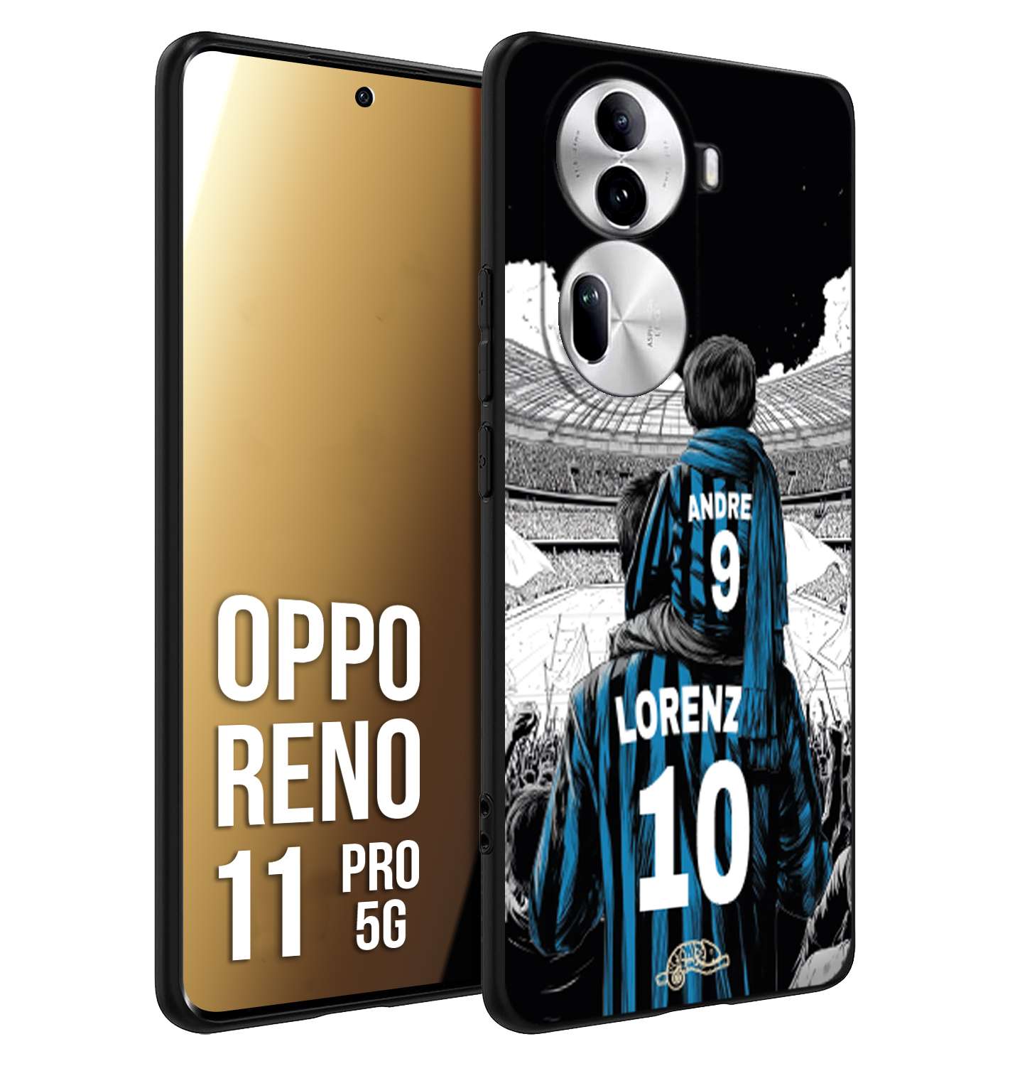 CUSTOMIZZA - Custodia cover nera morbida in tpu compatibile per Oppo Reno 11 PRO 5G personalizzata calcio football padre e figlio calciatori nerazzurra