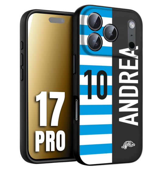 CUSTOMIZZA - Custodia cover nera morbida in tpu compatibile per iPhone 17 PRO personalizzata calcio football nome e numero calciatori biancazzurri