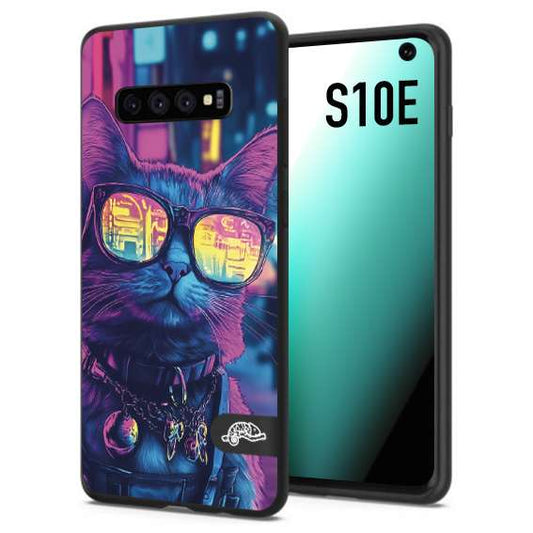 CUSTOMIZZA - Custodia cover nera morbida in tpu compatibile per Samsung S10E animali cyberpunk gatto street cat fucsia blu giallo