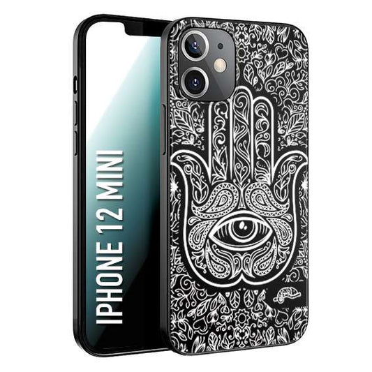 CUSTOMIZZA - Custodia cover nera morbida in tpu compatibile per iPhone 12 MINI mano di fatima effetto rilievo mandala donna