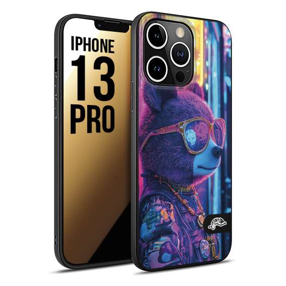CUSTOMIZZA - Custodia cover nera morbida in tpu compatibile per iPhone 13 PRO animali cyberpunk orsetto orso street bear fucsia blu night