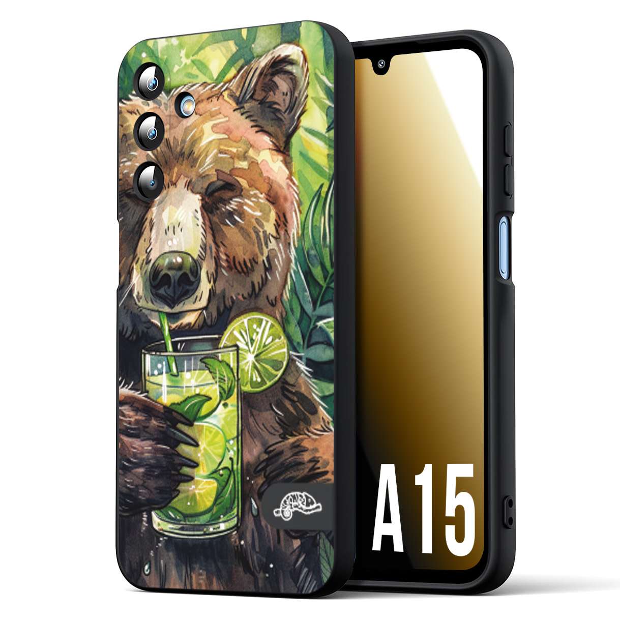 CUSTOMIZZA - Custodia cover nera morbida in tpu compatibile per Samsung A15 5G estate disegnata cocktails animali simpatici orso bear negroni