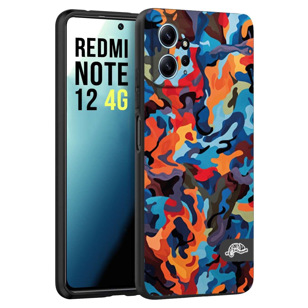 CUSTOMIZZA - Custodia cover nera morbida in tpu compatibile per Xiaomi Redmi Note 12 4G camouflage mimetico militare moderno blu arancio rosso