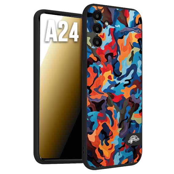 CUSTOMIZZA - Custodia cover nera morbida in tpu compatibile per Samsung A24 camouflage mimetico militare moderno blu arancio rosso