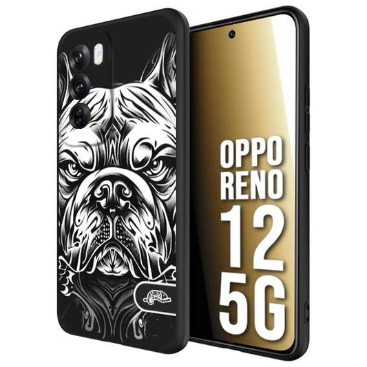 CUSTOMIZZA - Custodia cover nera morbida in tpu compatibile per Oppo Reno 12 5G bulldog bianco a rilievo disegnato tattoo tatuaggio