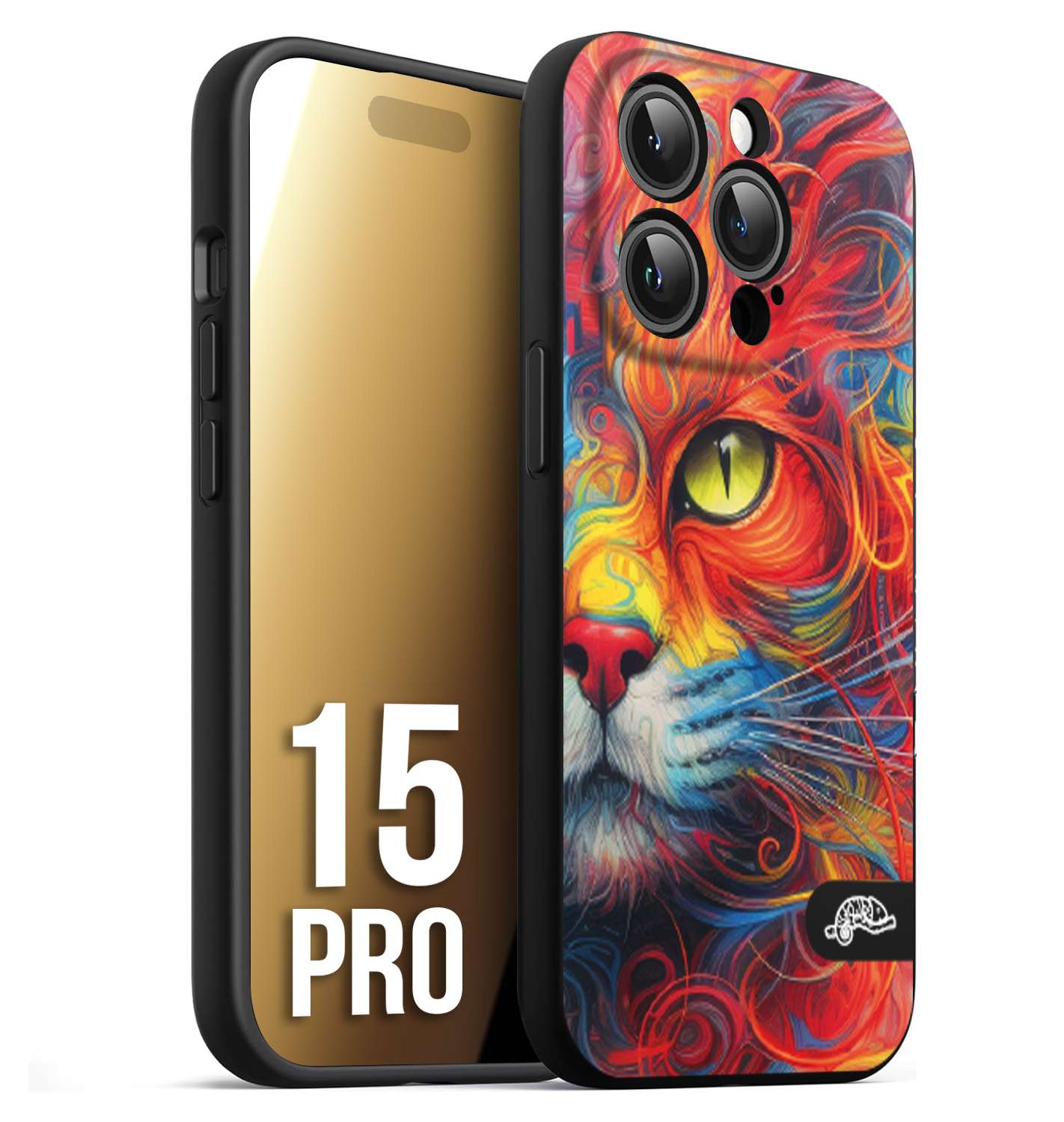 CUSTOMIZZA - Custodia cover nera morbida in tpu compatibile per iPhone 15 PRO animali color cat gatto viso colori vibranti disegnato schizzo