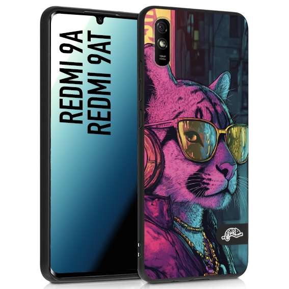 CUSTOMIZZA - Custodia cover nera morbida in tpu compatibile per Xiaomi Redmi 9A - 9AT animali cyberpunk pantera street cat fucsia blu giallo