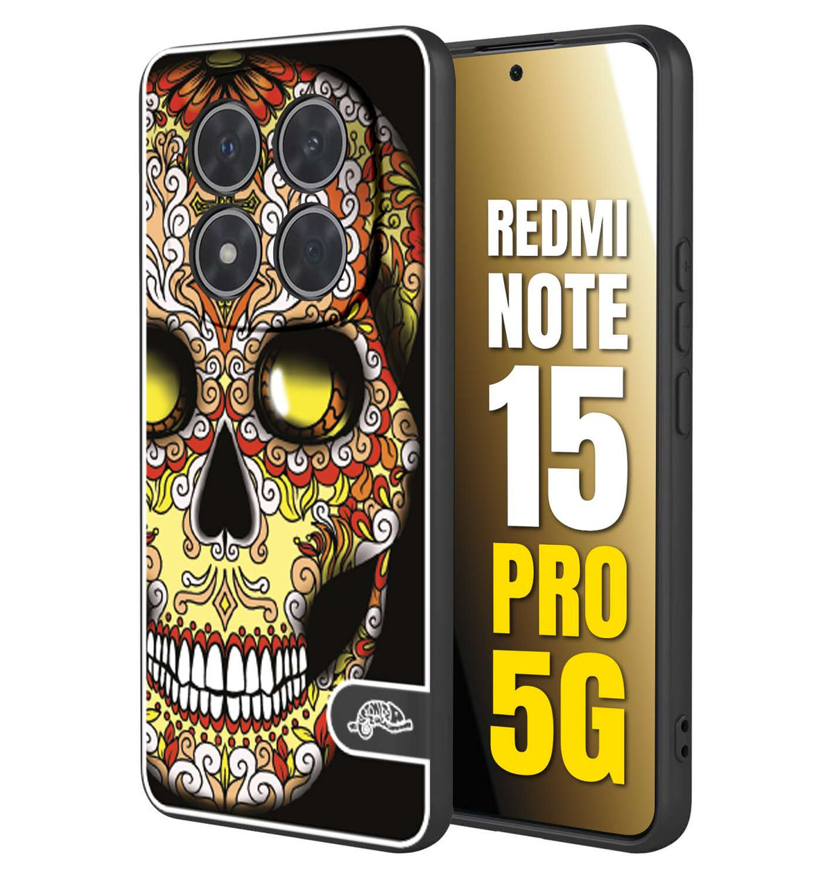 CUSTOMIZZA - Custodia cover nera morbida in tpu compatibile per Xiaomi Redmi Note 15 PRO 5G teschio messicano Mexican skull giallo rosso arancio
