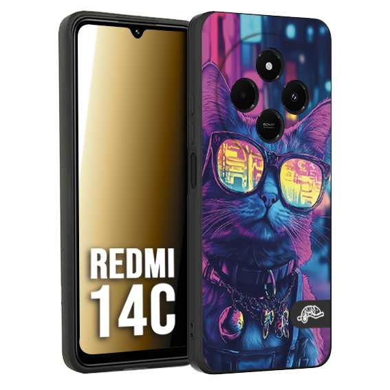 CUSTOMIZZA - Custodia cover nera morbida in tpu compatibile per Xiaomi Redmi 14C animali cyberpunk gatto street cat fucsia blu giallo