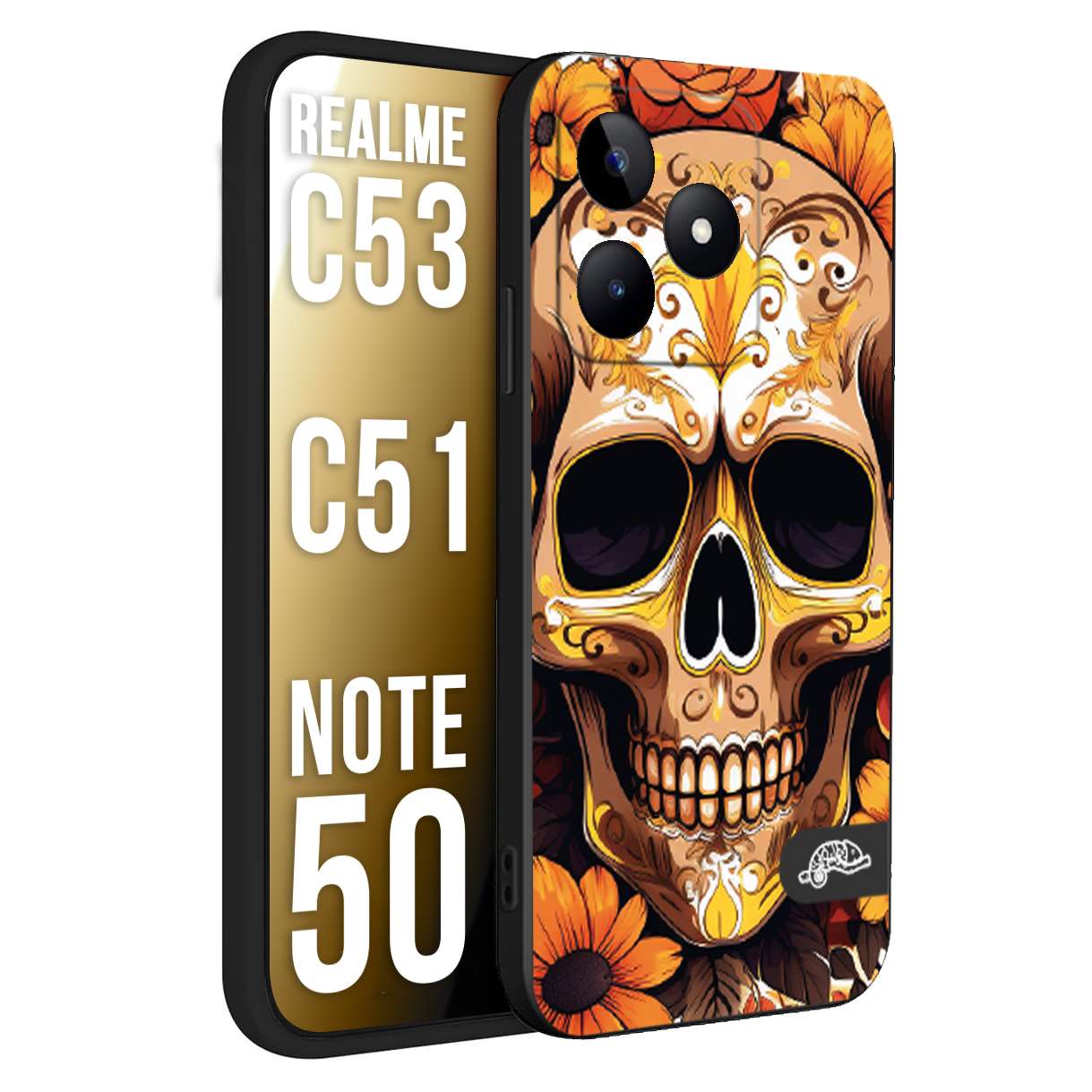 CUSTOMIZZA - Custodia cover nera morbida in tpu compatibile per Oppo Realme C53 - C51 - NOTE 50 teschio messicano colorato dorato fiori tattoo disegnato